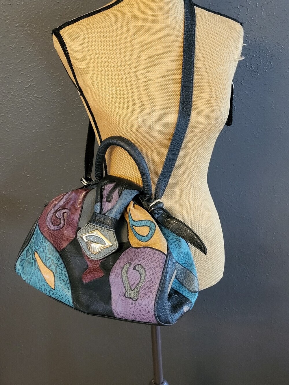 NAS Bag Faux Lizard Patchwork Vtg 80s Made In Korea Top Handle/Shoulder Strap - Picture 11 of 14